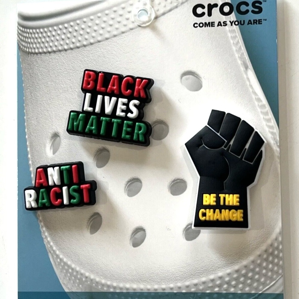 CROCS White Clog Jibbitz Pins Black Lives Matter, Anti Racist & Raised Fist